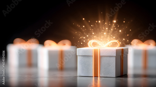 Gift box with glowing ribbon and sparkles, surrounded by blurred presents, creating a magical atmosphere of celebration and surprise. Selective focus
