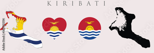 Kiribati flag and map set. Kiribati flag in official colours and proportions, independence day 12 July , map, circle, rectangular, and heart shaped Kiribati.
