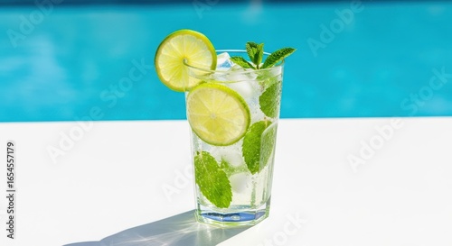 Refreshing mojito cocktail with lime and mint by the pool
