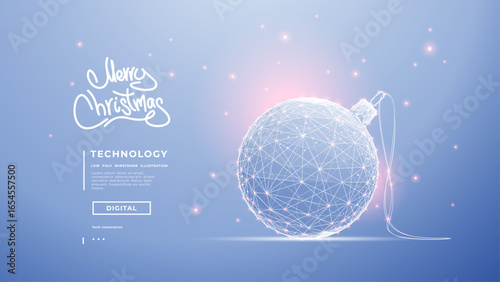A Christmas ball for decorating Xmas tree. Technology light blue background with low poly wireframe winter holiday vector illustration and pink accent bokeh. Digital New Year ball concept.