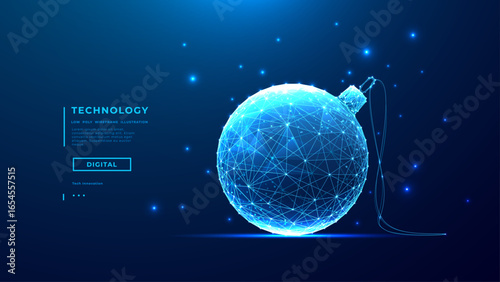 New year tree decorations ball. Abstract Christmas toy. Digital Xmas element. Vector illustration on polygonal technology blue background. Winter holiday concept for web, banner, and presentation.