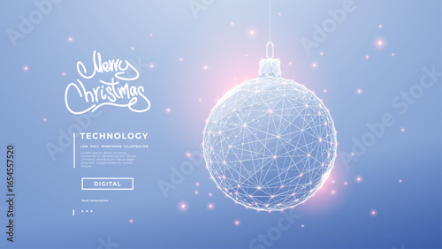 Digital Christmas ball on an elegant light blue background with pink bokeh. Technology and Happy holidays concepts. Xmas tech background. New year tree toy for decoration. Vector illustration