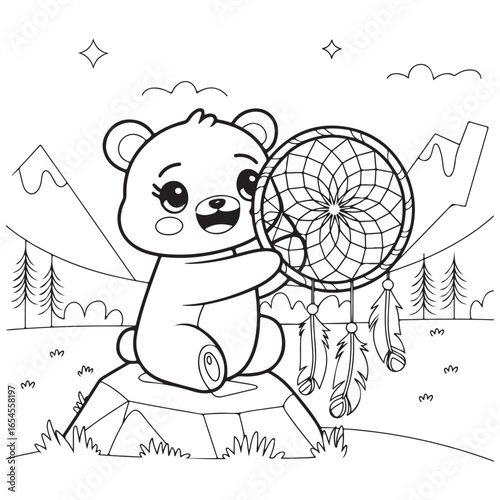 Cozy Routine, cute Kawaii Bear, coloring
pages with Black and white vector
illustration For Adults & Kids