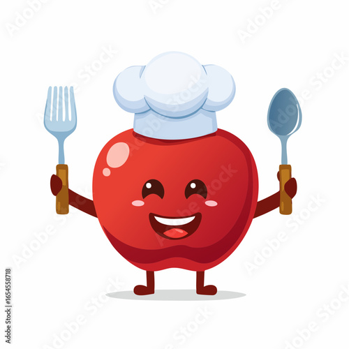 Charming Chef Apple Character Holding Utensils Ready for Cooking in a Fun Illustration