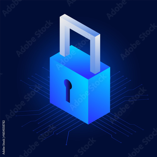 3d isometric Padlock with keyhole for data security privacy concept. Cybersecurity innovation technology in futuristic gradient blue icon. virtual cyber security digital firewall protect guarantee.