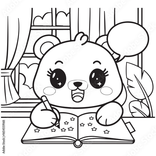 Cozy Routine, cute Kawaii Bear, coloring
pages with Black and white vector
illustration For Adults & Kids