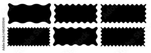 Black and white wavy rectangle frames. Curved borders of tags, labels, stamps, coupons with wavy edges. Isolated vector set on white background. Minimalistic flat design.