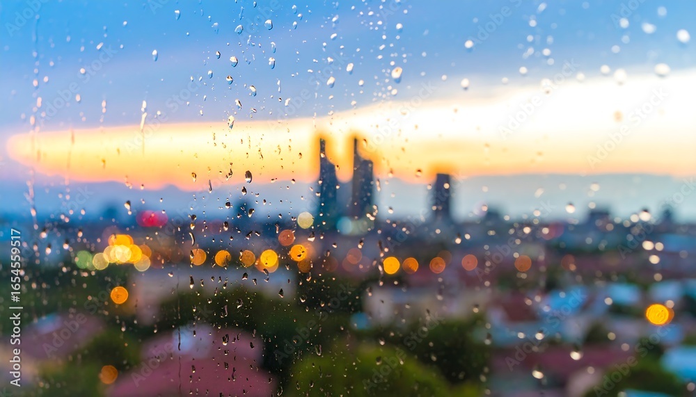 Fototapeta premium Rainy sunset cityscape view through window