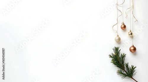 A decorated fir branch is placed on a clean white surface with a minimalist composition