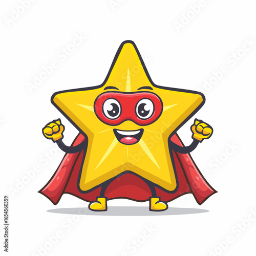 Superhero star character mascot with a red cape and mask posing in a powerful stance. Cute and cheerful vector graphic illustration on an isolated white background.