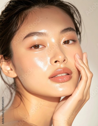 透明感ある肌が際立つアジア人女性のクローズアップ, ナチュラルメイクと輝く美しさ, 高級スキンケア広告に適した写真, Ultra-realistic close-up of young Asian woman, radiant flawless skin, minimal makeup, glowing under dreamy soft light, skincare commercial