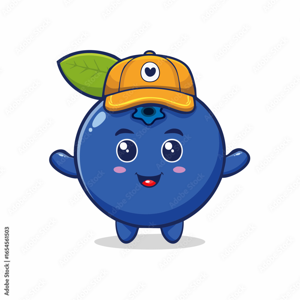 Fototapeta premium Cute blueberry fruit character mascot with a happy smile wearing a yellow baseball cap. Adorable kawaii food cartoon vector illustration isolated.