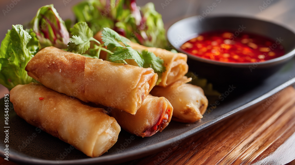 A close up shot of spring rolls with lettuce and dipping sauce on a black plate A close up shot of spring rolls with lettuce and dipping sauce on a black plate