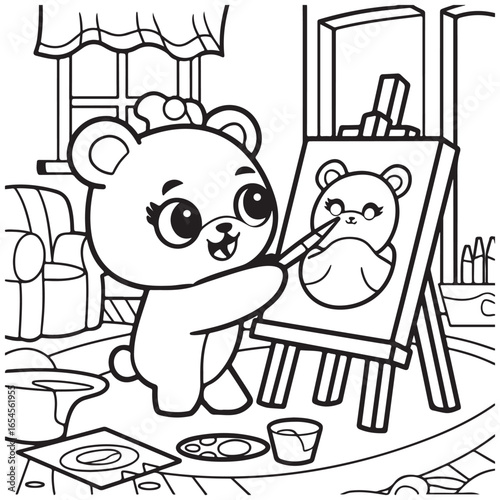 Cozy Routine, cute Kawaii Bear, coloring
pages with Black and white vector
illustration For Adults & Kids
