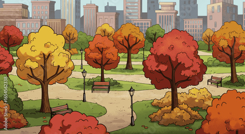 The scene, with falling leaves and a distant cityscape under a bright sky, beautifully captures the peaceful, nostalgic, and wholesome spirit of the fall season.