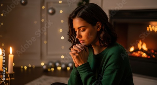 Woman prayerfully poses indoors with fireplace and christmas lights creating christian family scene at home during holiday