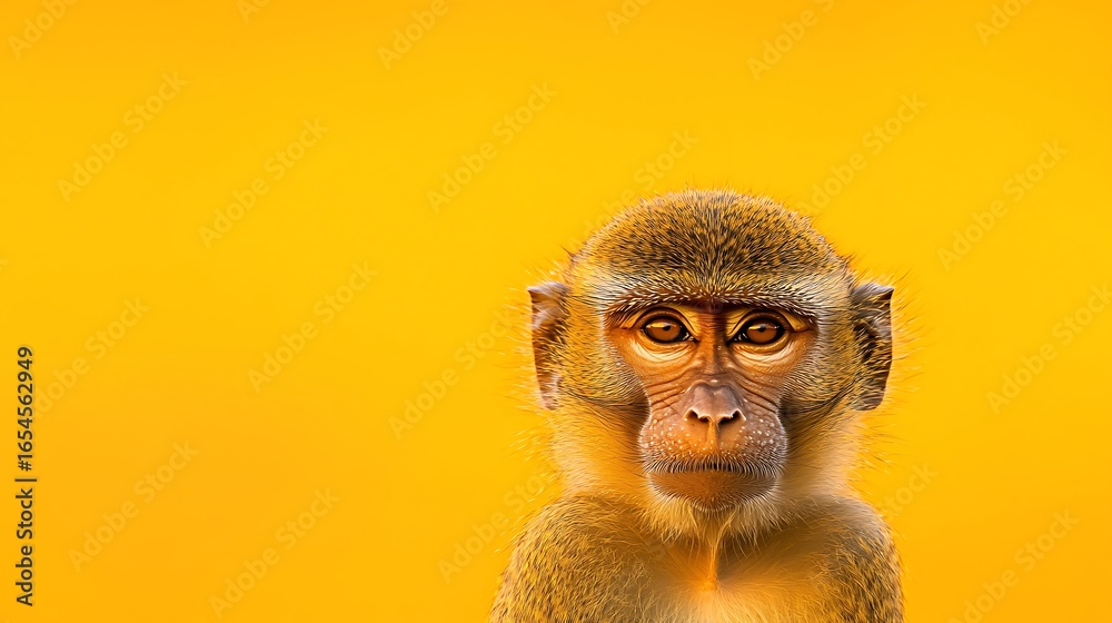 Obraz premium Close up of a curious monkey face against a vibrant yellow background