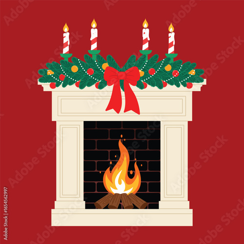 Classic fireplace decorate with garland, bow, ornament ball and candle, cozy festive fireplace in room, beautiful stylish fireplace in house, merry Christmas home decor illustration
