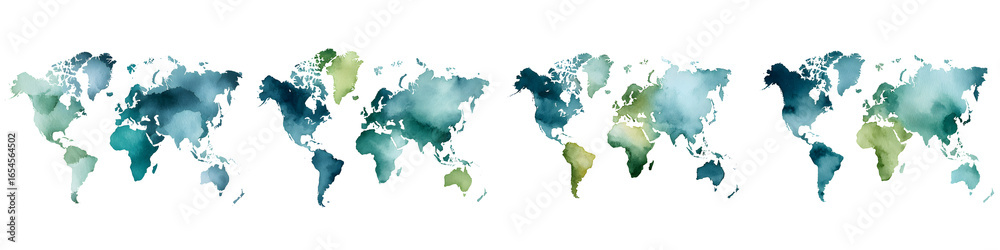 Obraz premium Watercolor World Map in Teal and Green Hues on White