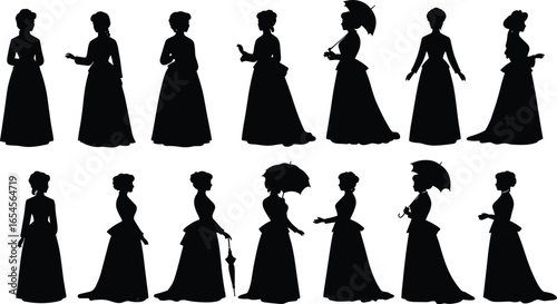 Victorian woman silhouette collection, vintage fashion poses, historical female figures, elegant 19th century dress design, retro lady style art
