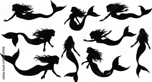 Mermaid silhouettes set in various poses, swimming, sitting, standing, flowing hair, fantasy sea creature, black and white vector illustration