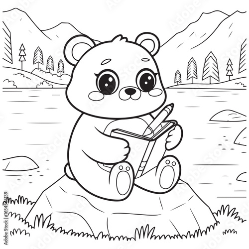 Cozy Routine, cute Kawaii Bear, coloring pages
with Black and white vector illustration For
Adults & Kids