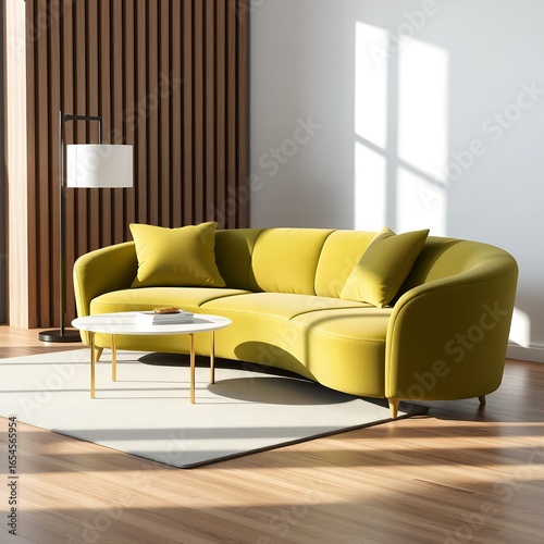 Modern yellow curved sofa with two accent pillows and a white coffee table couch