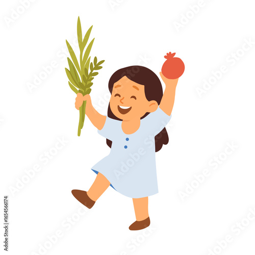 Jewish kids holding traditional four species of Jewish holiday Sukkot.