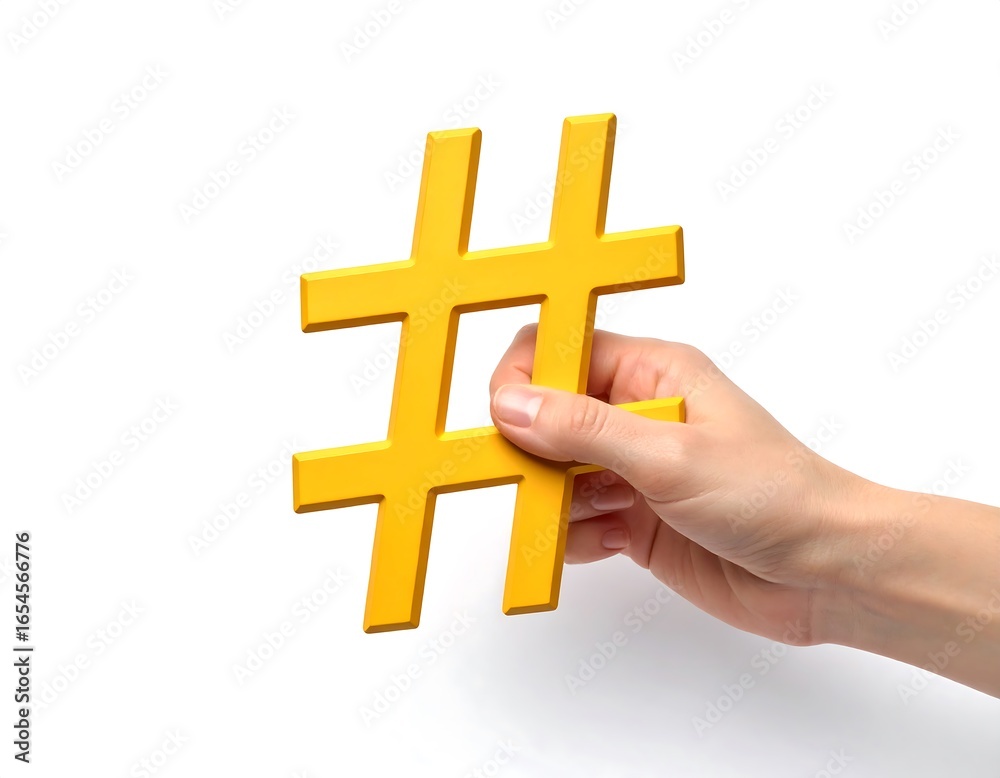 Fototapeta premium Empowering digital connections: A hand holding a vibrant yellow hashtag symbol