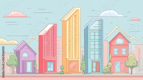 Real estate investment infographic flat design side view property market theme animation colored pastel.