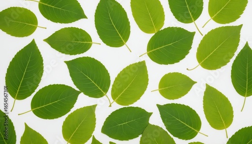 Bright green leaves arranged neatly on a clean white background