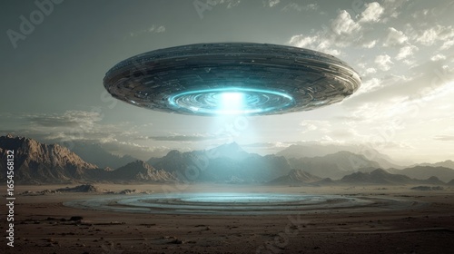A futuristic, disc-shaped spacecraft hovers over a desolate, mountainous desert landscape, emitting a bright, cyan beam of light that illuminates a circular area on the ground