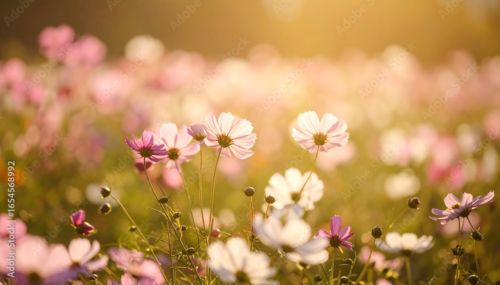 Fototapeta premium Soft-focus cosmos field bathed in golden light