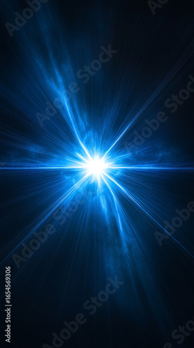 Shiny flare light effect with glowing blue beam star on black background. Futuristic luminous burst, ideal for overlays, digital design, or abstract backdrops.