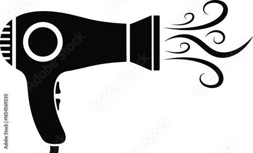 Black hair dryer with flowing air, beauty and styling appliance