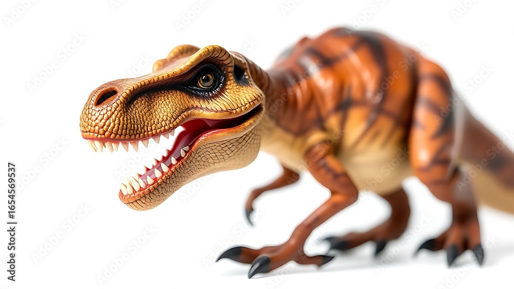 Obraz premium A detailed closeup of a dinosaur figurine with dramatic side lighting against a clean white background.