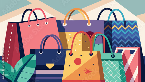 Colorful illustration depicting individuals carrying shopping bags, showcasing a lively shopping atmosphere..eps