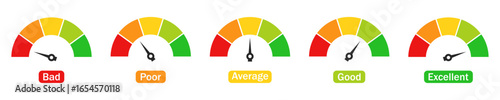 Set of colorful rating meter icons showing levels from bad, poor, average, good to excellent. Perfect for feedback, surveys, performance evaluation, customer reviews and quality rating designs.