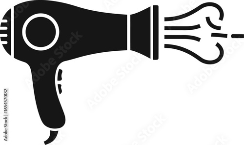 Black hair dryer with hot air, styling and beauty appliance icon