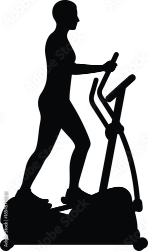 Silhouette of person on elliptical machine, cardio workout, black vector, gym equipment, fitness exercise, flat design, outline, health illustration