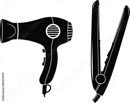 Black hair dryer and straightener on beauty concept, styling tools