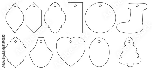 Collection of blank gift tag outlines in different shapes including circle, oval, heart, Christmas tree etc. labels. Vector template for printable tags, holiday crafts, scrapbooking, and packaging