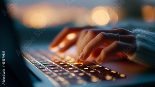 A person is typing on a laptop with their hand on the keyboard. Concept of focus and concentration as the person works on their computer. The bright light from the laptop screen illuminates the scene