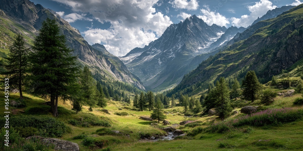 Fototapeta premium Alpine valley bathed in sunlight. Lush green meadows, towering peaks, and clouds