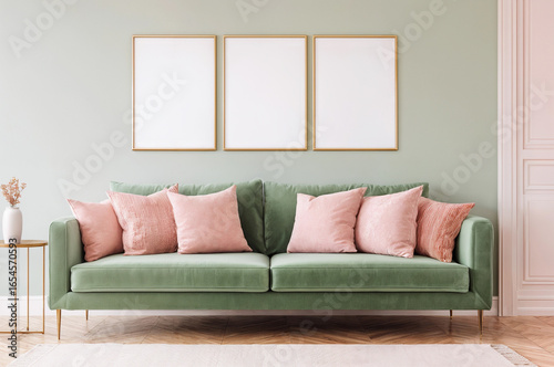 Blank frames set of 3 for wall art mockup above a modern sage green sofa with blush pink pillows in a minimalist living room setting