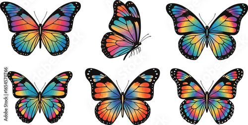 Colorful butterflies, vibrant gradient wings, flying insects