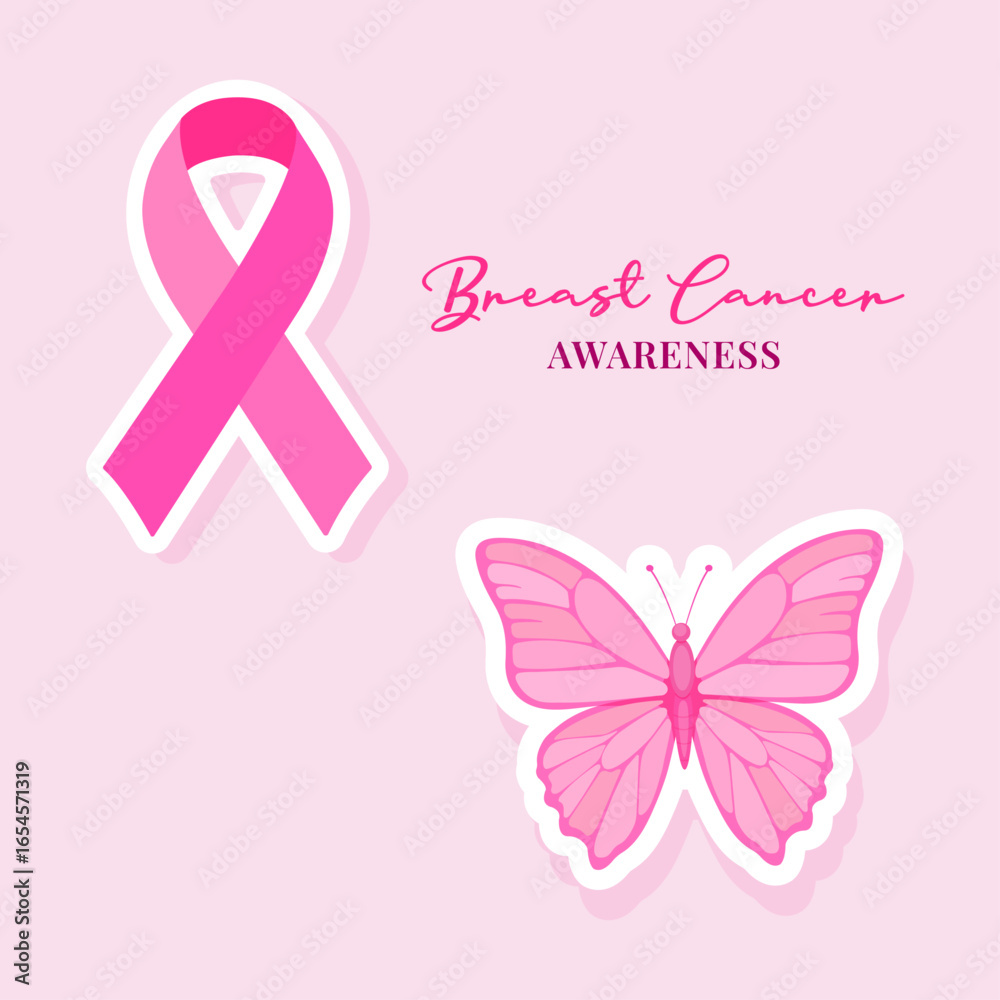 Fototapeta premium Set of pink ribbon and butterfly stickers for Breast Cancer Awareness Month. Vector design symbolizing hope, support, strength and prevention for women’s health and oncology campaign.