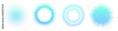 Dotted blue gradient halftone effect spots set. Isolated vector dotted circles technology design elements