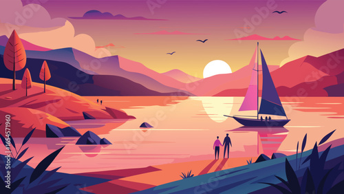 A sailboat gliding across the water during a vibrant sunset, with warm colors reflecting on the waves..eps