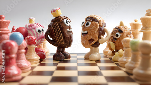 Sweet Chess Match Chocolate Characters Playing Chess on a Board with Chocolate Pieces and Macarons on Top